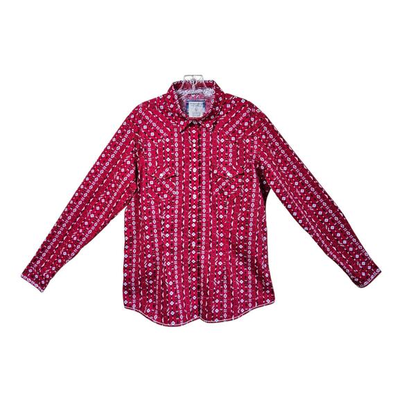 Panhandle Rough Stock Tops - PANHANDLE ROUGH STOCK Women's L Western Shirt Pearl Snaps Red Blue White 40"